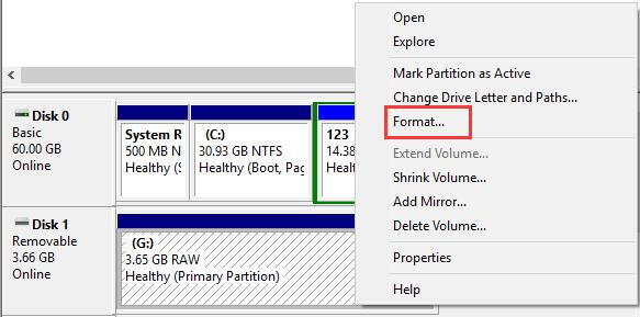 format disk management to change raw ntfs