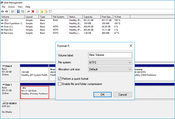 format disk management to change raw ntfs